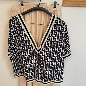 ChicMe Geometric Print Batwing Sleeve Top & Pants Set, L & XL, Khaki & Black